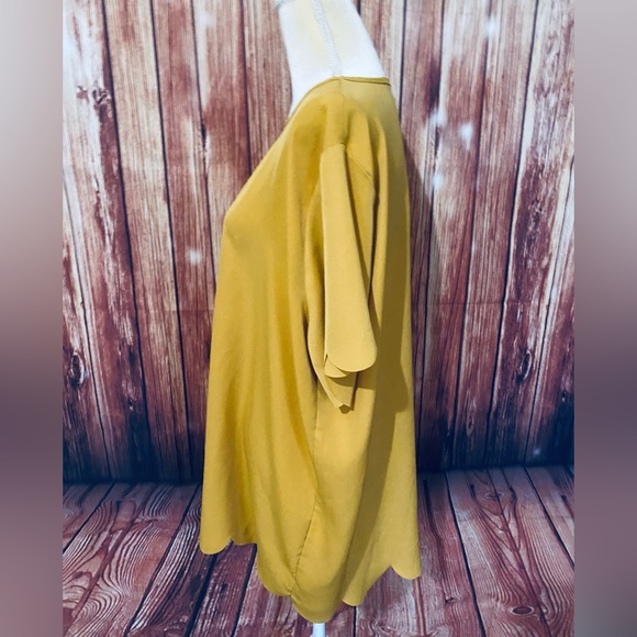 Women’s 3X Blouse Tickled Teal Mustard Short Sleeves U Neck Silky Ruffle Trim - Picture 4 of 12